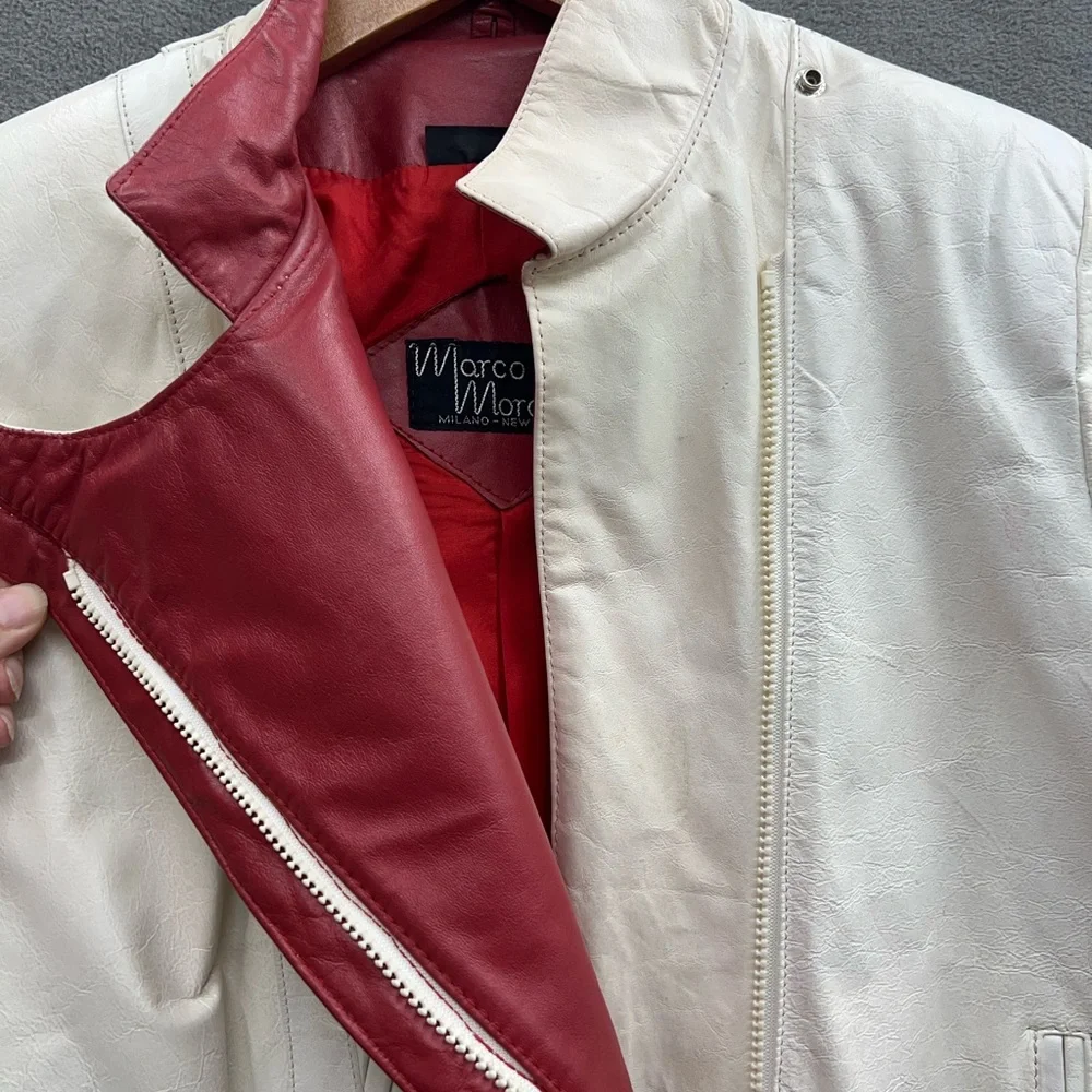 Vintage MARCO MORANI Size 5/6 Made In Argentina White & Red Leather Jacket 90s - Picture 4 of 6